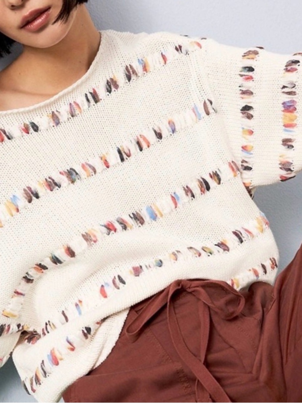 Lou & Grey for Loft Rainbow Stitch Cotton Sweater in Rainbow Multi/Cream.